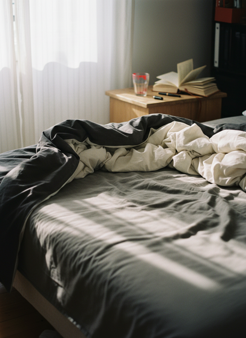 A slightly rumpled, unmade bed with soft gray linen sheets and a deep charcoal duvet kicked halfway off, revealing tangled blankets and the impression of a recently abandoned body. A simple wooden nightstand holds an overflowing journal, an uncapped fountain pen, and an empty glass with lipstick-like smudges in a bold red hue. Afternoon light filters through thin white curtains, casting lazy, uneven rectangles across the bedding. Shot at eye level from the foot of the bed with a shallow depth of field, the foreground sheets in sharp focus and the background gently blurred. The mood is raw, intimate, and candid, with photographic realism and a playful-but-unfiltered edge, as if we’ve walked into a private moment mid-thought.