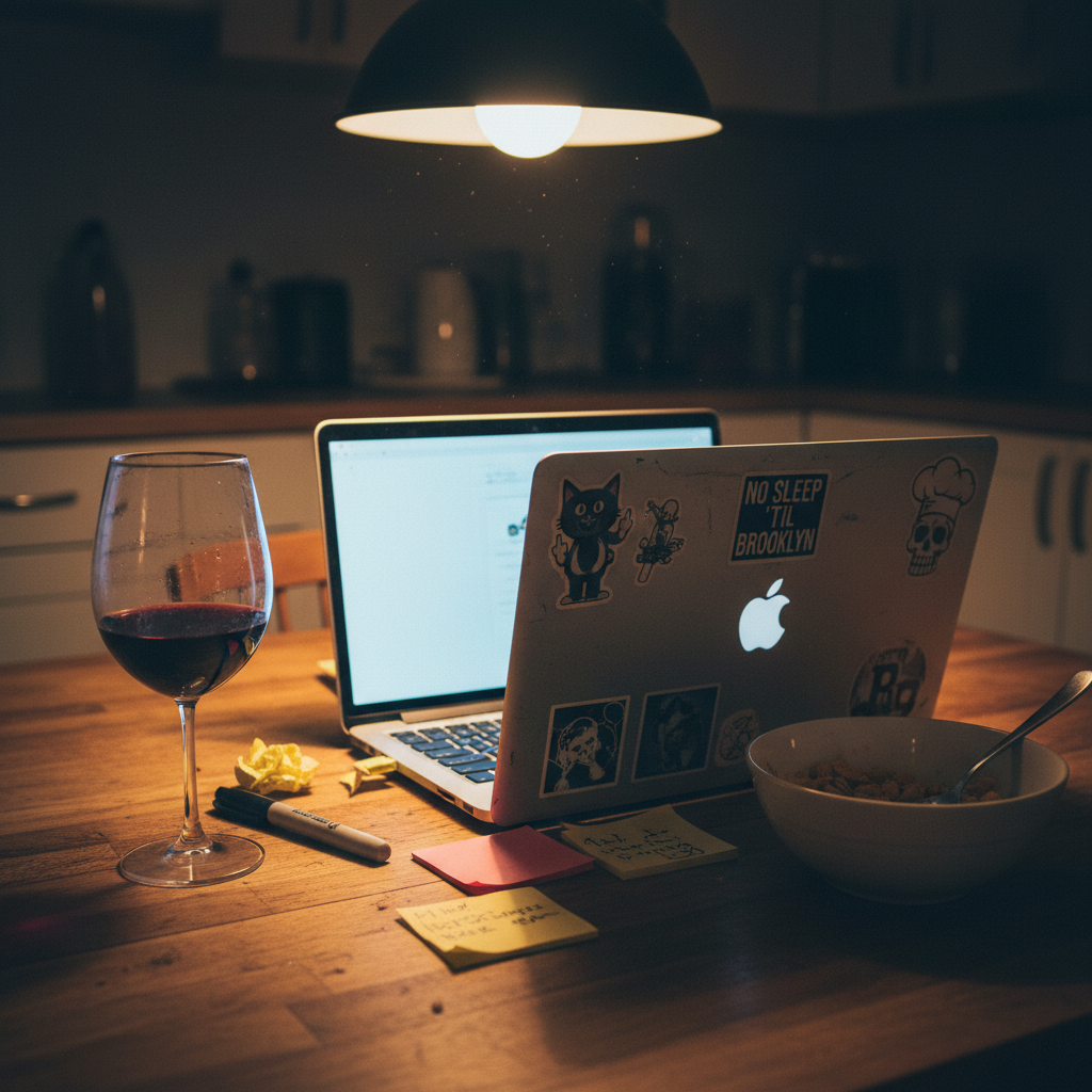 A scratched, well-loved laptop plastered with irreverent, slightly faded stickers sits open on a messy wooden kitchen table, its screen glowing softly and reflecting off a half-finished glass of red wine beside it. Crumpled sticky notes, an uncapped black marker, and a bowl with cereal remnants and a spoon abandoned at an odd angle surround the computer. Warm, overhead pendant lighting mixes with the faint blue spill from the screen, creating contrasting pools of yellow and cool tones across the table’s grain. Captured from a slightly elevated angle with a subtle vignette, the composition feels spontaneous and imperfect. The atmosphere is unapologetically casual, like a late-night overshare session turned blog post, with authentic, cinematic photographic realism and no trace of staged corporate polish.