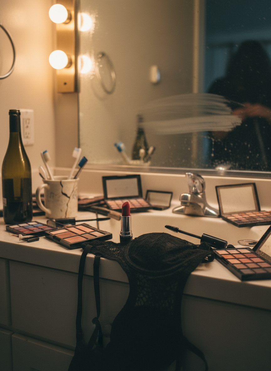 A cramped bathroom vanity cluttered with open makeup palettes, a lipstick rolled so far out it’s nearly broken, mascara wands left uncapped, and a lacy black bra tossed carelessly over the edge of the sink. A foggy mirror dominates the background, its lower half smeared by a recent swipe of a towel, catching glints of warm, overhead light. A nearly empty wine bottle and a chipped ceramic mug holding toothbrushes crowd the corner. Shot from a close, slightly low angle toward the counter, the focus is razor-sharp on the chaotic arrangement of objects, with the mirror blurrier and suggestive. The lighting is warm and imperfect, with harsh highlights and soft shadows, creating an unfiltered, candid, almost hungover mood in gritty photographic realism.