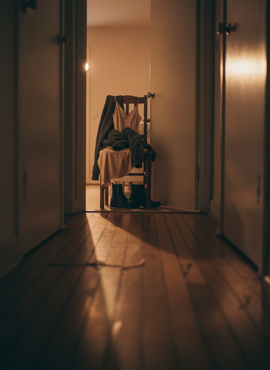 A narrow hallway leading to a slightly open bedroom door, beyond which a simple wooden chair holds a casually draped, silky slip dress and an oversized hoodie knotted together, hinting at hurried undressing. A pair of black ankle boots sits skewed on a worn hardwood floor, one toppled on its side. Dim, late-evening light from a streetlamp outside seeps in through an unseen window, casting a moody amber glow and long, suggestive shadows down the hall. Shot from a low, distant angle at the far end of the hallway, the composition uses leading lines and soft focus in the foreground, drawing the eye to the doorway. The scene feels playfully secretive, candid, and a bit mischievous, in realistic, grain-touched photography that suggests stories without showing any bodies.